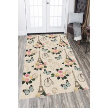 Modanoiva Kaymaz Dot Taban Yıkanabilir  Dijital Baskı Eyfel Kulesi Çiçek ve Kelebekler Salon Halısı 80 x 120