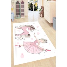 Modanoiva Kaymaz Dot Taban Yıkanabilir  Dijital Baskı Balerin ve Tek Boynuzlu At Desenli Çocuk Halısı 80 x 100