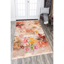 Modanoiva Kaymaz Dot Taban Yıkanabilir  Dijital Baskı Etnik Çiçek Motifleri Desenli Salon Halısı 80 x 100