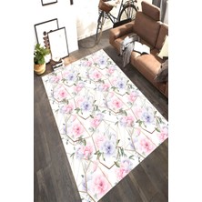 Modanoiva Kaymaz Dot Taban Yıkanabilir  Dijital Baskı Beyaz Zemin Prizma Çiçek Tasarımlı Salon Halısı 80 x 100