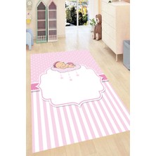 Modanoiva Kaymaz Dot Taban Yıkanabilir  Dijital Baskı Pembe Çizgiler ve Bebek Desenli Çocuk Halısı 80 x 100