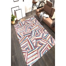 Modanoiva Kaymaz Dot Taban Yıkanabilir  Dijital Baskı Retro Renkli Geometrik Çizgiler Desenli Salon Halısı 80 x 120
