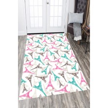 Modanoiva Kaymaz Dot Taban Yıkanabilir  Dijital Baskı Renkli Eyfel Kulesi Desenli Salon Halısı 80 x 120