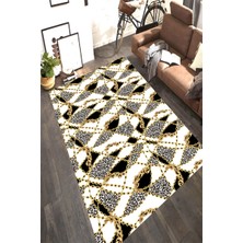 Modanoiva Kaymaz Dot Taban Yıkanabilir  Dijital Baskı Krem Zemin Zincir Detaylı Leopar Desenli Salon Halısı 80 x 120