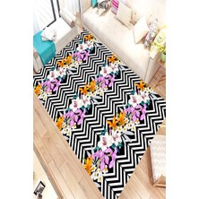 Modanoiva Kaymaz Dot Taban Yıkanabilir  Dijital Baskı Zikzak Zemin Çiçek Motifi Desenli Salon Halısı 130 X 900