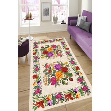 Modanoiva Kaymaz Dot Taban Yıkanabilir Dijital  Baskı Hasır Çiçek İşleme Desenli Salon Halısı 80 x 120