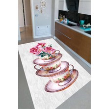 Modanoiva Kaymaz Dot Taban Yıkanabilir  Dijital Baskı Çiçekli Fincanlar Desenli Mutfak Halısı 80 x 100