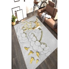 Modanoiva Kaymaz Dot Taban Yıkanabilir  Dijital Baskı Çiçekli Geyik ve Altın Kuş Desenli Salon Halısı 80 x 120