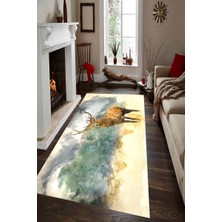 Modanoiva Kaymaz Dot Taban Yıkanabilir  Dijital Baskı Sulu Boya Geyik Desenli Salon Halısı 80 x 100