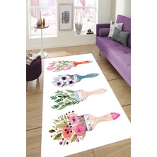 Modanoiva Kaymaz Dot Taban Yıkanabilir  Dijital Baskı Çiçekli Fırçalar Tasarımlı Salon Halısı 80 x 120