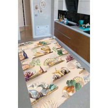 Modanoiva Kaymaz Dot Taban Yıkanabilir  Dijital Baskı Raflarda Deniz Objeleri Desenli Mutfak Halısı 80 x 120