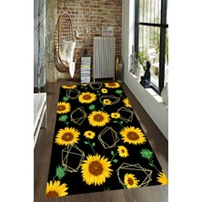 Modanoiva Kaymaz Dot Taban Yıkanabilir  Dijital Baskı D Siyah Zemin Ayçiçek Desenli Salon Halısı 80 x 100