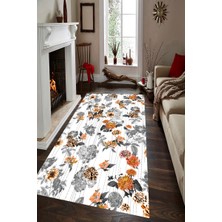 Modanoiva Kaymaz Dot Taban Yıkanabilir Dijital  Baskı Oranj Detay Çiçekler Salon Halısı 80 x 120