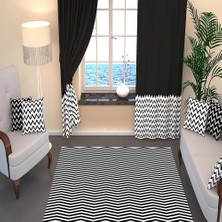 Modanoiva Kaymaz Dot Taban Yıkanabilir  Dijital Baskı Siyah Beyaz Zikzak Desenli Salon Halısı 60 x 100