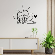 Mıgnatıs - El Yazısı ile Sevimli Hello New Day Duvar Yazısı Sticker 60X48CM - Siyah