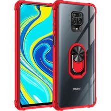 KZY Xiaomi Redmi Note 9 Pro Kapak Şeffaf Yüzüklü Kenar Korumalı Standlı Kılıf - Kırmızı