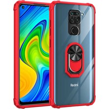 KZY Xiaomi Redmi Note 9 Kapak Şeffaf Yüzüklü Kenar Korumalı Standlı Kılıf - Kırmızı