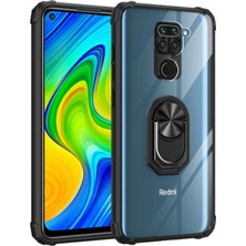 KZY Xiaomi Redmi Note 9 Kapak Şeffaf Yüzüklü Kenar Korumalı Standlı Kılıf - Siyah