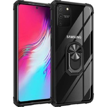 KZY Samsung Galaxy S10 Lite Kapak Şeffaf Yüzüklü Kenar Korumalı Standlı Kılıf - Siyah