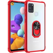 KZY Samsung Galaxy A21S Kapak Şeffaf Yüzüklü Kenar Korumalı Standlı Kılıf - Kırmızı