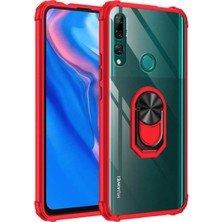 KZY Huawei Y9 Prime 2019 Kapak Şeffaf Yüzüklü Kenar Korumalı Standlı Kılıf - Kırmızı