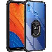 KZY Huawei Y6S 2019 Kapak Şeffaf Yüzüklü Kenar Korumalı Standlı Kılıf - Siyah