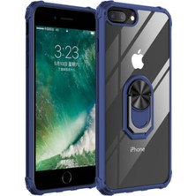 KZY Apple iPhone 7 Plus Kapak Şeffaf Yüzüklü Kenar Korumalı Standlı Kılıf - Lacivert