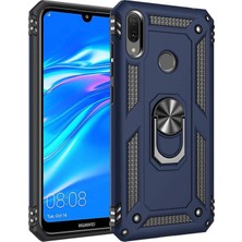 Hesaplı Dünya Huawei Y7 2019 Kılıf Selfie Yüzüklü Tutuculu Iki Katmanlı Koruyucu VGA Lacivert