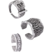 Labalaba Erkek Antik Gümüş Kaplama Ayarlanabilir 3'lü Yüzük Seti