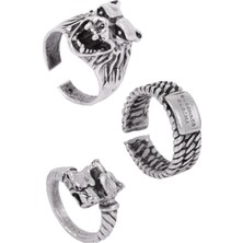 Labalaba Erkek Antik Gümüş Kaplama Ayarlanabilir 3'lü Yüzük Seti