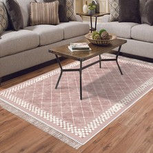 Alanur Star Kaymaz Pamuk Tabanlı Saçaklı Yıkanabilir Dijital Halı Pudra