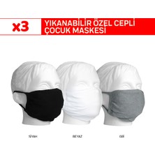 Superior Masqe 2 Katlı Cepli Yıkanabilir Antibakteriyel Çocuk Maskesi Kız 3 Adet 8-14 Yaş Siyah Beyaz Gri