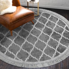 Alanur Star Kaymaz Pamuk Tabanlı Saçaklı Yıkanabilir Dijital Halı Yuvarlak Gri̇