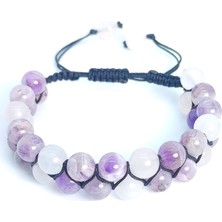 Taş Rüyası Ametist Gül Kuvars Çift Sıra Örme Bileklik 8 mm