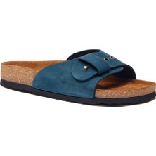 Comfortfüsse  /  Willa - Deri Tek Bantlı Terlik ( Lacivert Nubuk Deri )