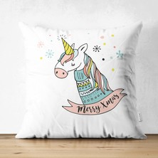 Çift Taraflı Beyaz Zeminde Unicorn Motifli Bebek Odası Süet Yastık Kırlent Kılıfı