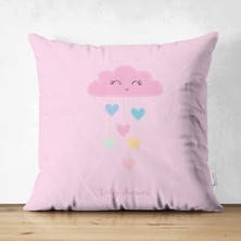 Çift Taraflı Pembe Zeminde Pembe Bulutlu Baby Shower Çocuk Odası Süet Yastık Kırlent Kılıfı