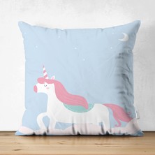 Çift Taraflı Mavi Unicorn At Desenli Dijital Baskılı Bebek Odası Süet Yastık Kırlent Kılıfı