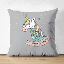 Çift Taraflı Gri Zeminde Unicorn Motifli Bebek Odası Süet Yastık Kırlent Kılıfı