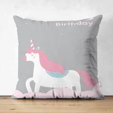 Çift Taraflı Gri Unicorn At Desenli Dijital Baskılı Bebek Odası Süet Yastık Kırlent Kılıfı