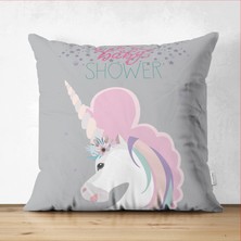 Çift Taraflı Baby Shower Unicorn At Tasarımlı Çocuk Odası Süet Yastık Kırlent Kılıfı
