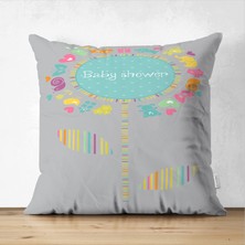 Çift Taraflı Gri Zeminde Baby Shower Tasarımlı Çocuk Odası Süet Yastık Kırlent Kılıfı
