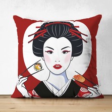 Çift Taraflı Suşi Yiyen Japon Kız Motifli Modern Süet Yastık Kılıfı