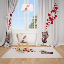 Talia Home Kalp ve Kedi Desen Çocuk ve Bebek  Odası Fon Perdesi 2 Kanat TLA-157