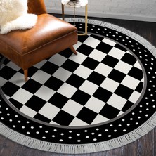Alanur Home Alanur Star Kaymaz Pamuk Tabanlı Saçaklı Yıkanabilir Dijital Halı Yuvarlak Si̇yah