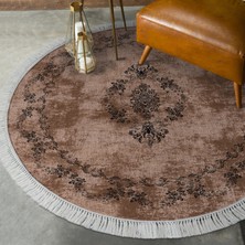Alanur Home Alanur Star Kaymaz Pamuk Tabanlı Saçaklı Yıkanabilir Dijital Halı Yuvarlak Kahve