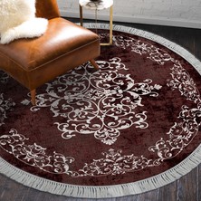 Alanur Home Alanur Star Kaymaz Pamuk Tabanlı Saçaklı Yıkanabilir Dijital Halı Yuvarlak Bordo
