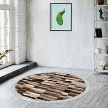 Alanur Home Alanur Star Kaymaz Pamuk Tabanlı Saçaklı Yıkanabilir Dijital Halı Yuvarlak Kahve