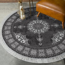 Alanur Home Alanur Star Kaymaz Pamuk Tabanlı Saçaklı Yıkanabilir Dijital Halı Yuvarlak Gri̇