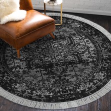 Alanur Home Alanur Star Kaymaz Pamuk Tabanlı Saçaklı Yıkanabilir Dijital Halı Yuvarlak Antrasi̇t